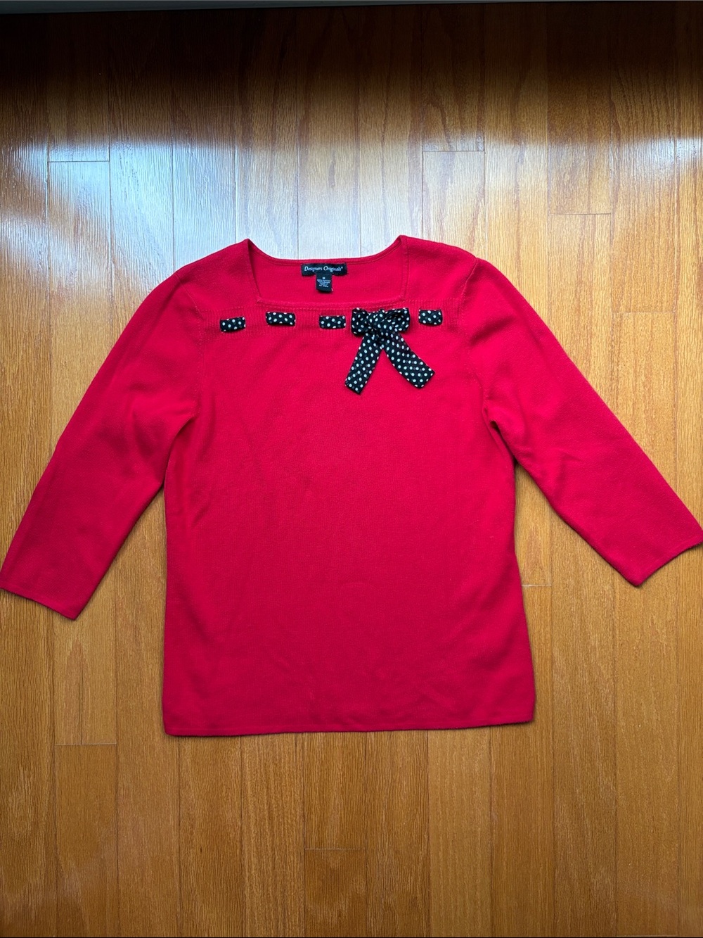 Designers Originals Red Knit Top with Black Polka Dot Bow
